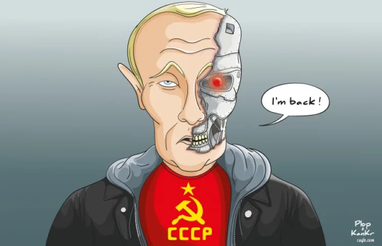 A cartoon depiction of Vladimir Putin with his face split down the middle: one side is his human face and the other is a…