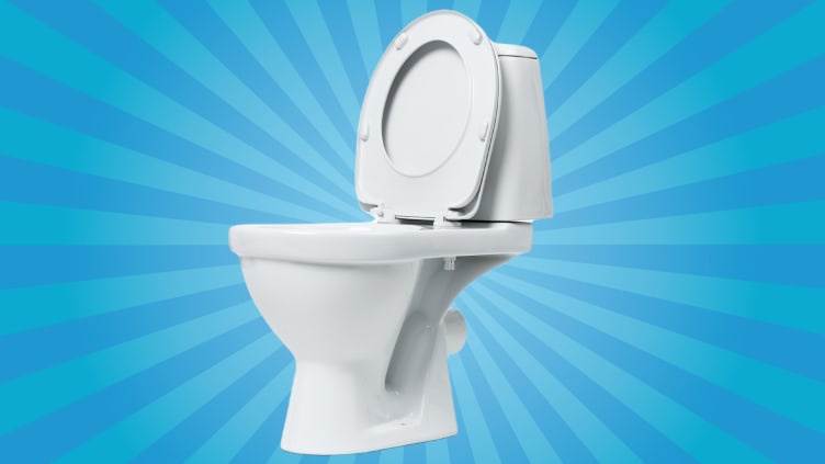 A white toilet with the lid up is centered against a blue radial burst background. Overlaid text reads 'i'm not lazy, i'm…