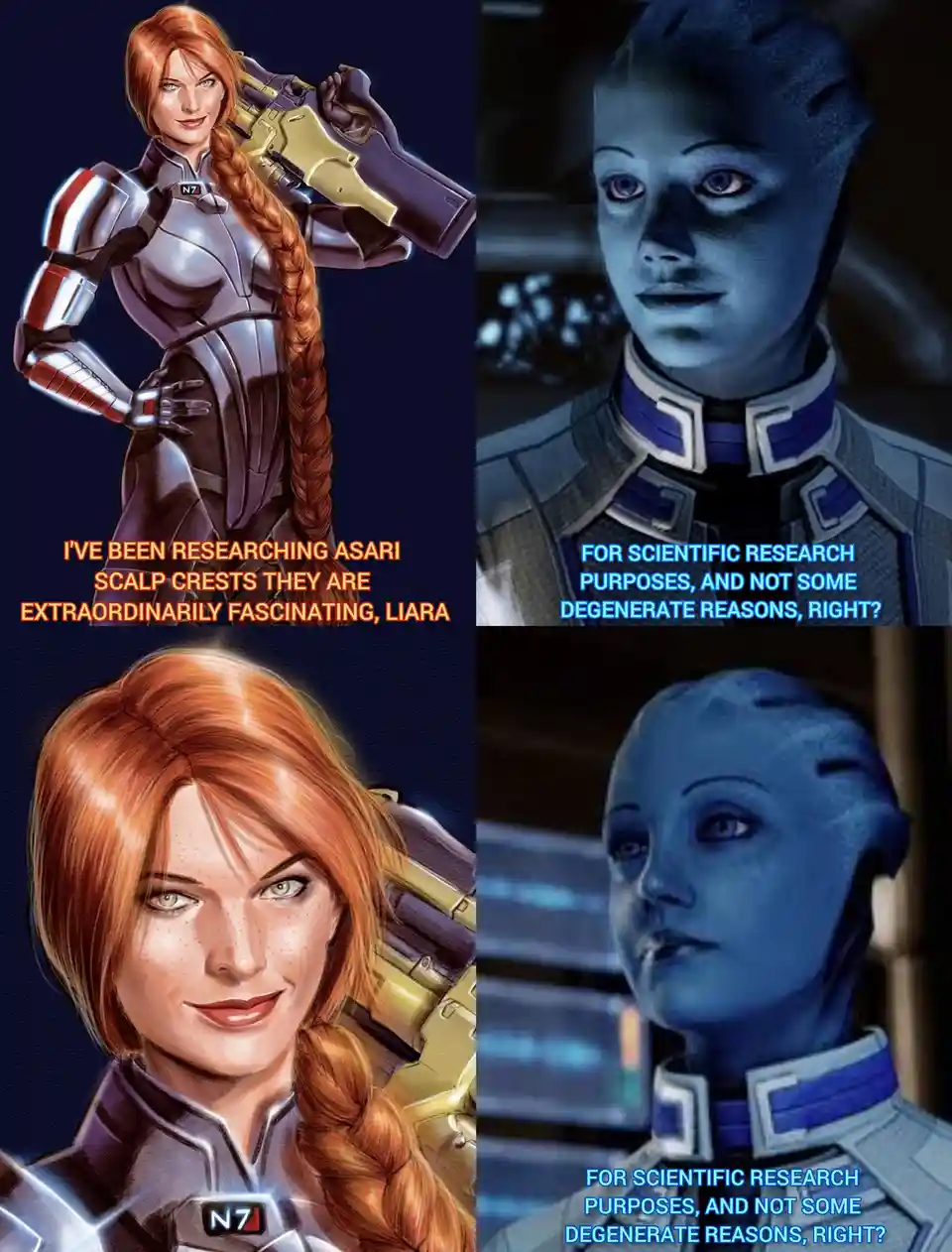 The image is a four-panel meme featuring Commander Shepard (red hair, N7 armor) and Liara T'Soni (blue-skinned asari)…