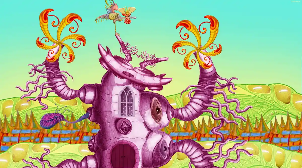 A surreal, psychedelic illustration depicts a monstrous, purple, multi-limbed creature with eyes and a gothic-style door…