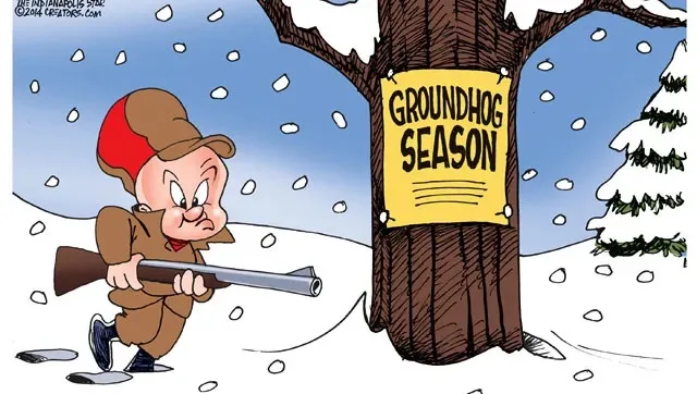 A cartoon character in winter gear with a rifle stands in snow, aiming at a tree with a yellow sign that reads 'GROUNDHOG…
