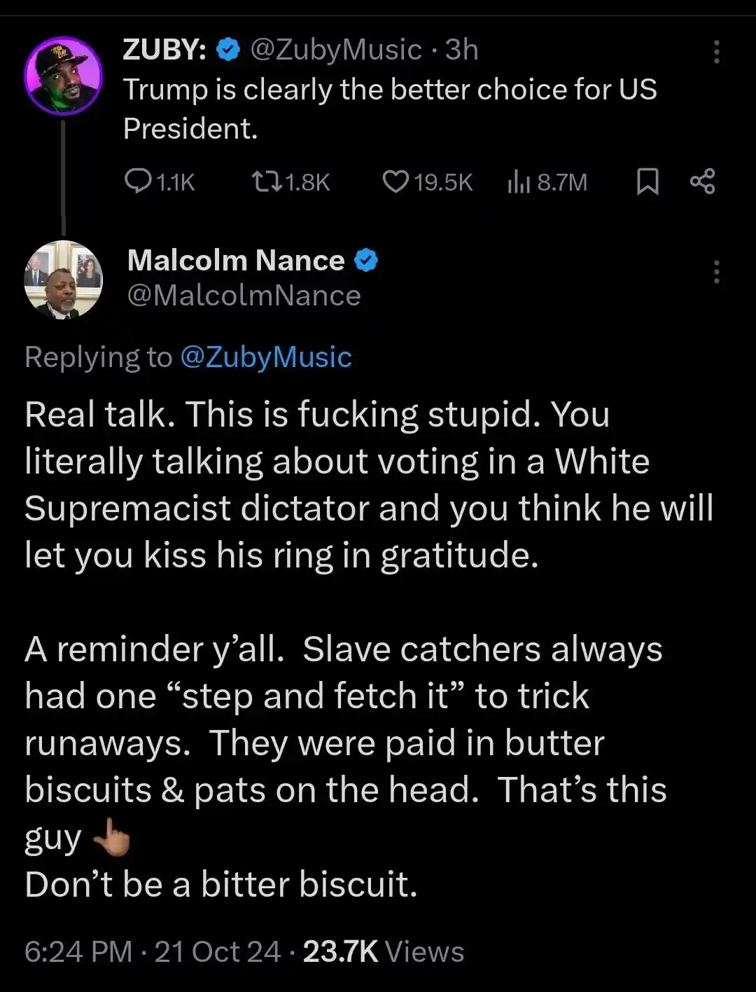 A screenshot of a Twitter thread shows user ZUBY claiming Trump is the better presidential choice. Malcolm Nance replies…