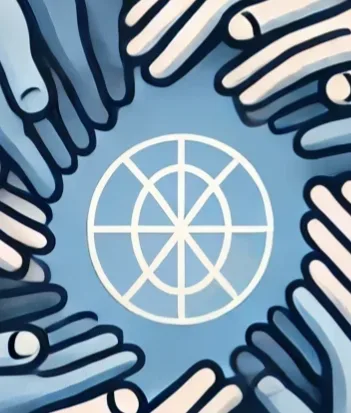 A stylized illustration shows multiple cartoonish hands of varying shades of blue and white reaching inward from the edges…