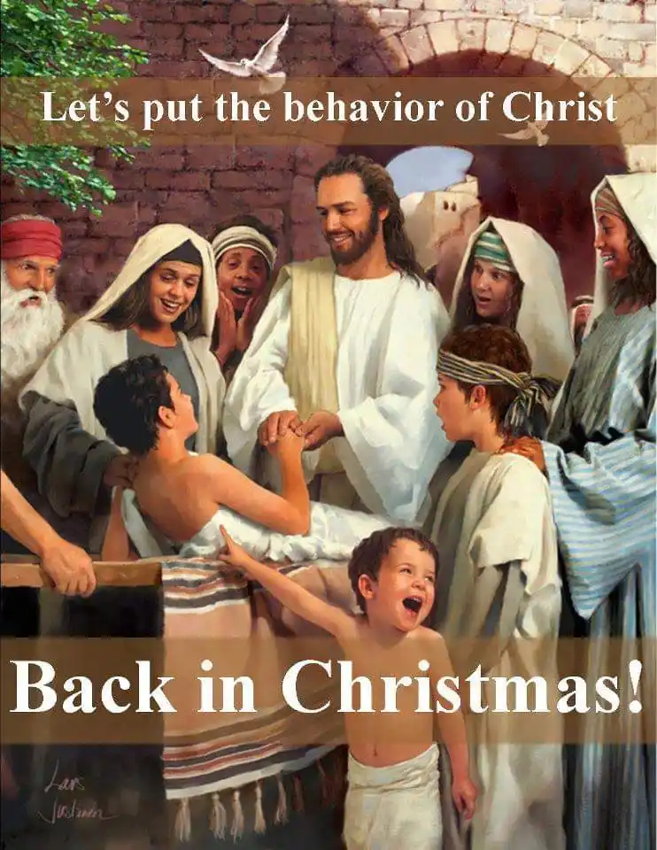 A religious painting depicts Jesus Christ surrounded by smiling people, including children, in a warm, joyful scene…