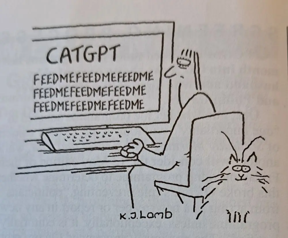 A cartoon drawing shows a cat sitting at a desk, typing on a keyboard, with a monitor displaying 'CATGPT' and repeating…