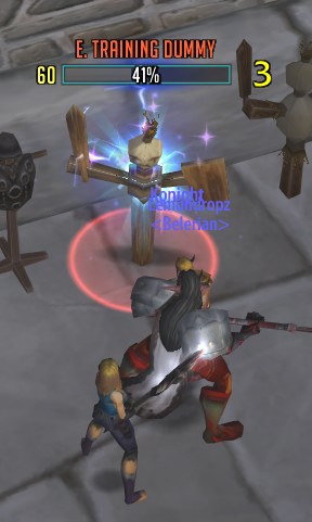 A video game screenshot shows a player character attacking a training dummy labeled 'E. TRAINING DUMMY' with a health bar at…