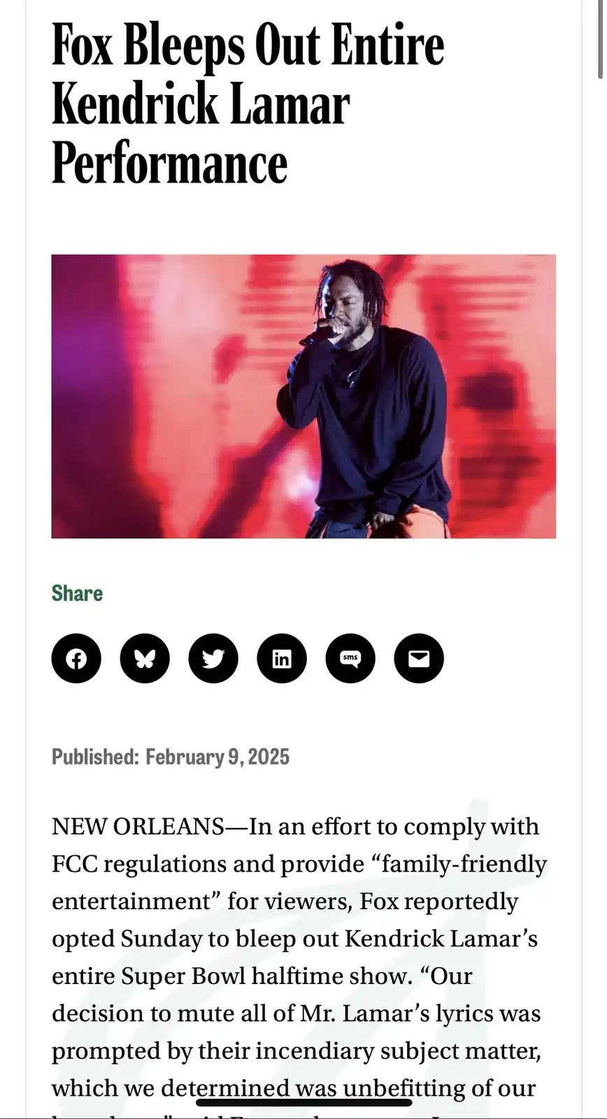 A screenshot of a fake news article with the headline 'Fox Bleeps Out Entire Kendrick Lamar Performance' above a photo of…