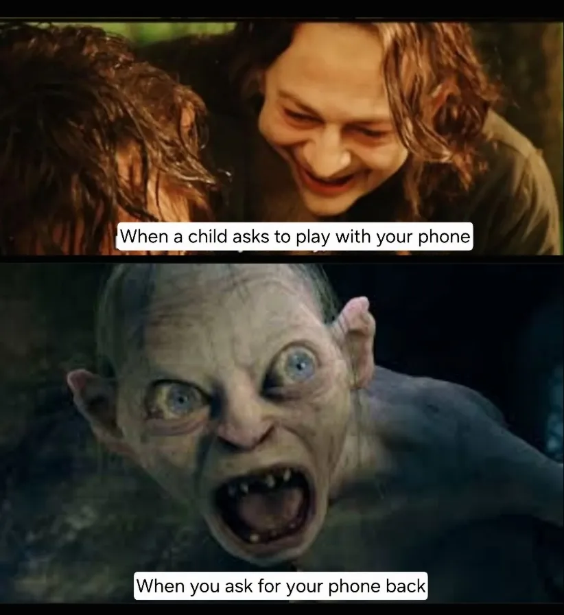 The top panel shows a man with long hair smiling down at a child, with text reading 'When a child asks to play with your…