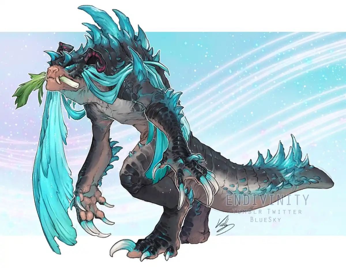 A fantasy creature resembling a dragon or beast with dark grey skin and vibrant turquoise spines, wings, and flowing mane…