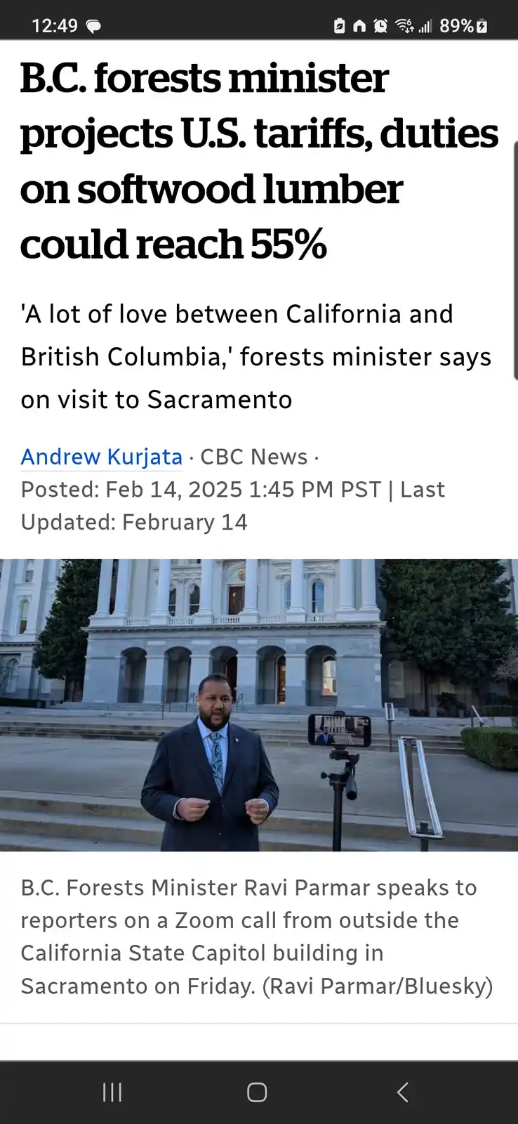 A screenshot of a CBC News article shows a man in a suit standing outside the California State Capitol building, speaking…