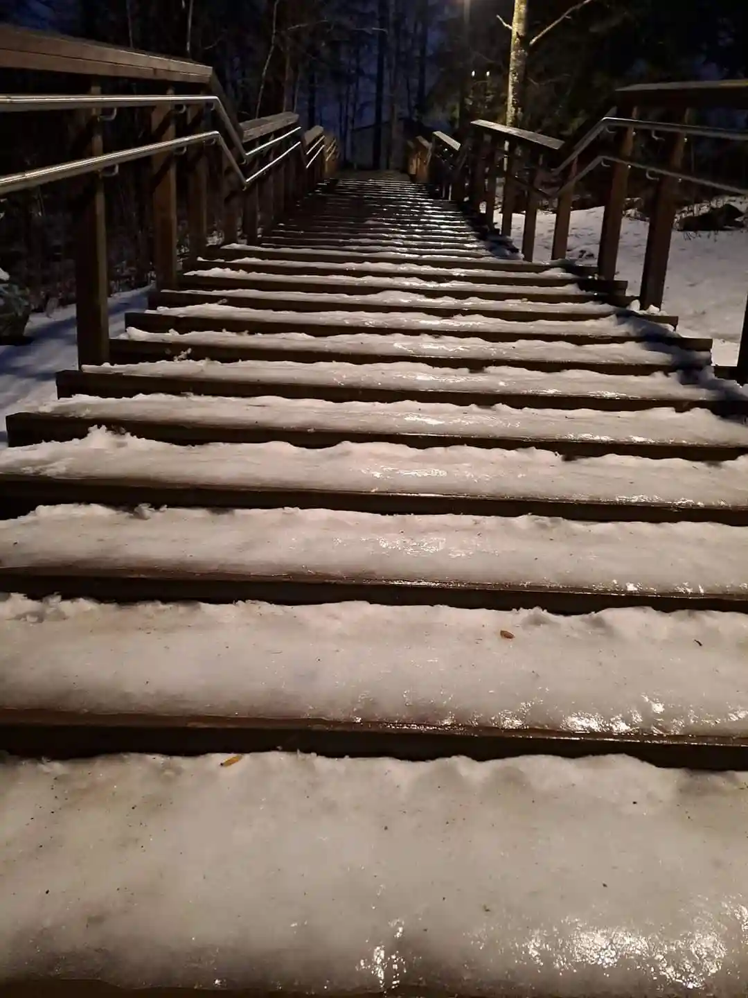 A long wooden staircase covered in snow and ice at night, flanked by metal railings, leading upward into a dark forest. The…