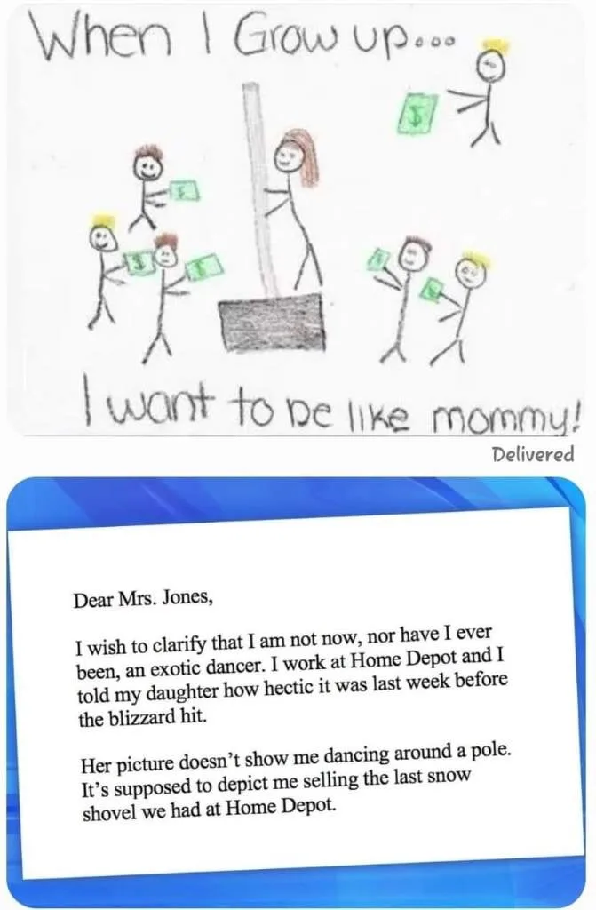 A child's drawing shows stick figures with yellow hair, one adult figure standing by a pole with a box, and several children…