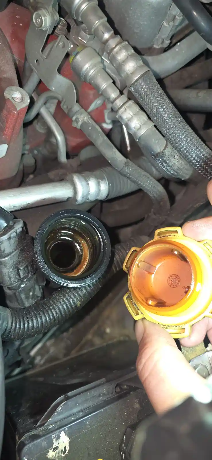 A close-up photo shows a hand holding a yellow oil cap filled with bright orange, clean-looking engine oil, next to an open…