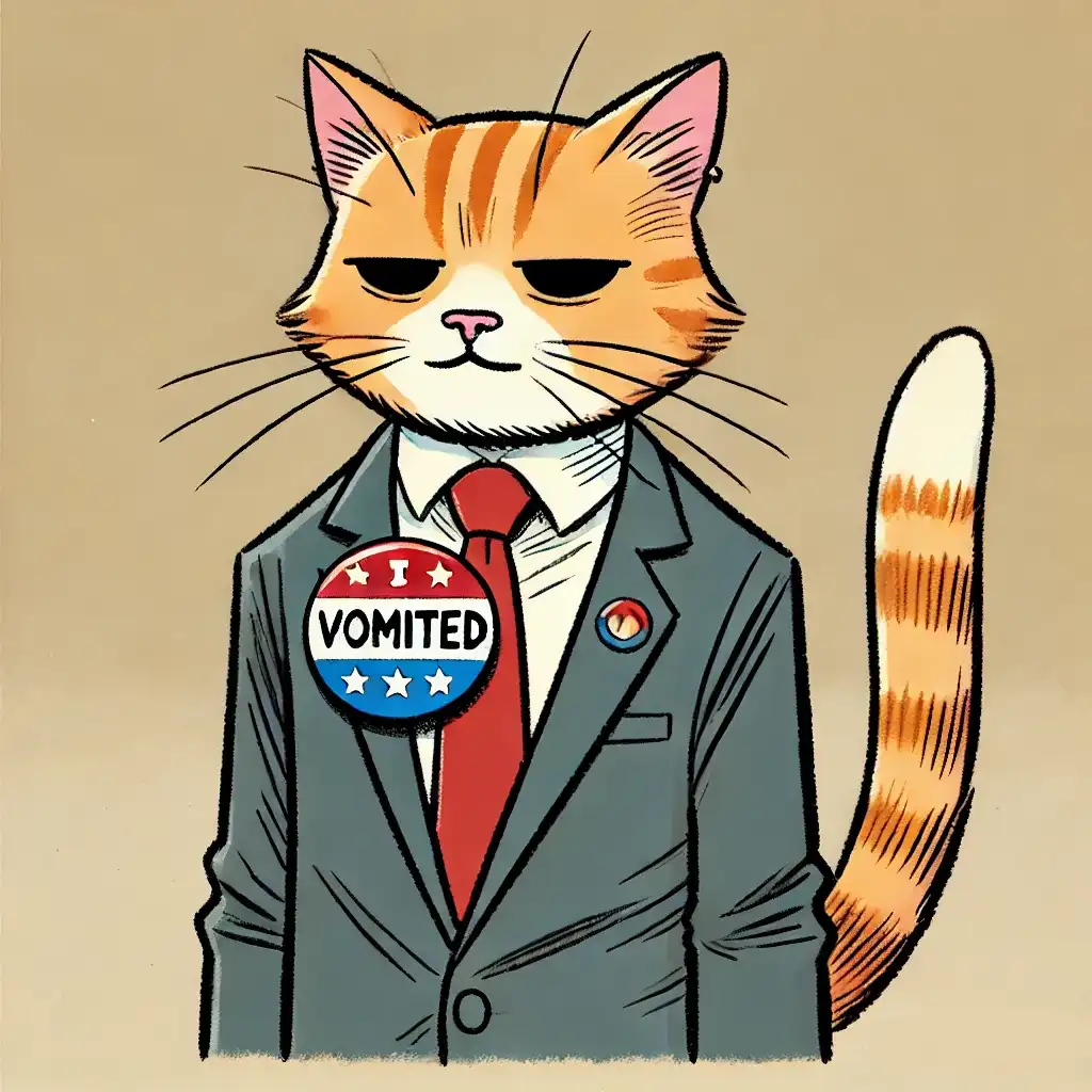 An illustrated orange tabby cat wearing a gray suit, white shirt, and red tie, with a bored expression. A large red, white…