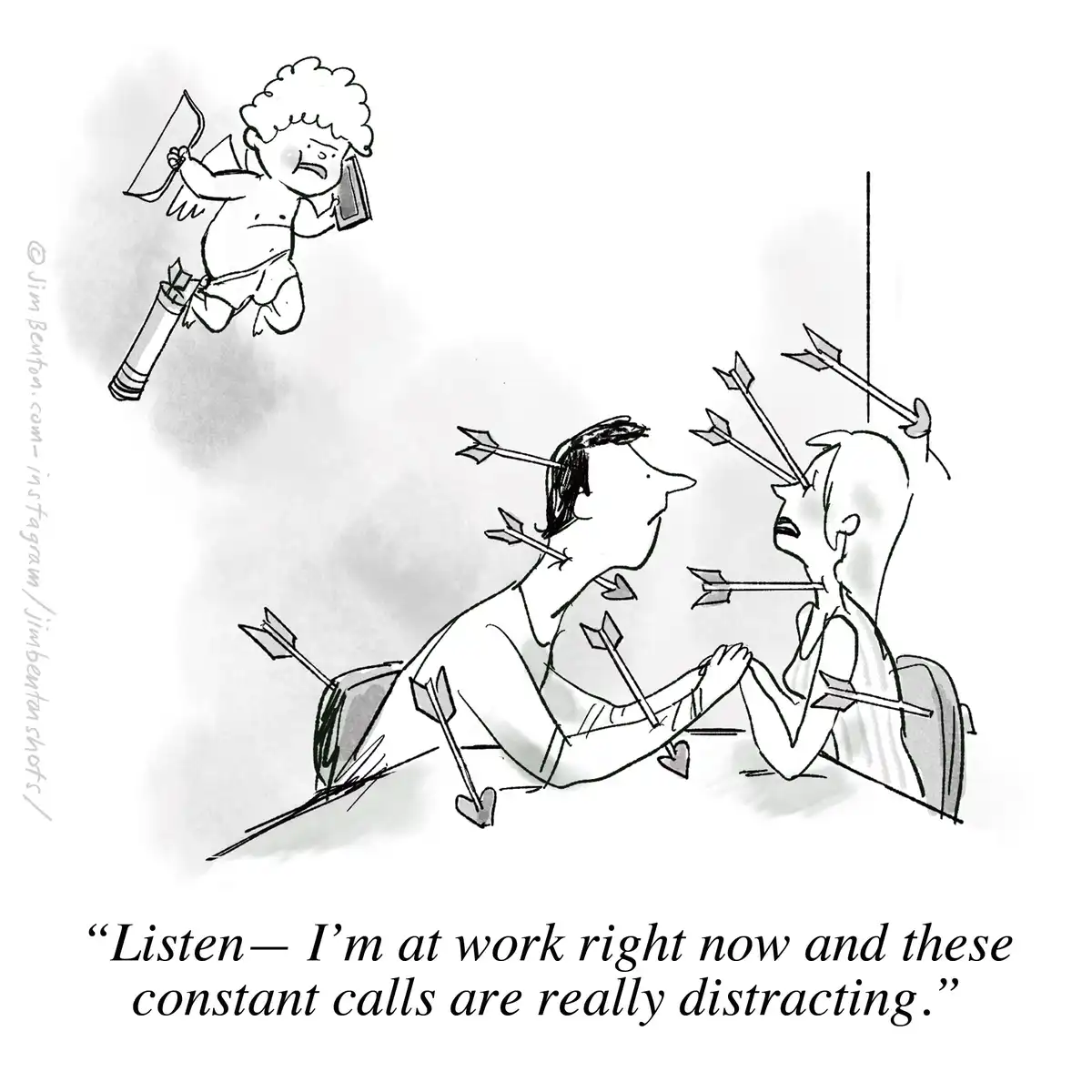 A black-and-white cartoon shows a distressed cupid flying away while holding a phone, leaving two people in a romantic…