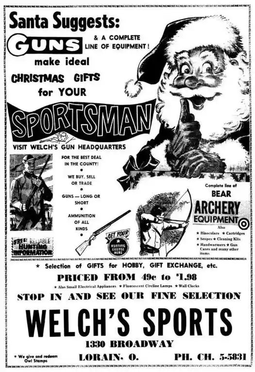 A vintage black-and-white print advertisement featuring a smiling Santa Claus pointing at the viewer, promoting Welch's Gun…