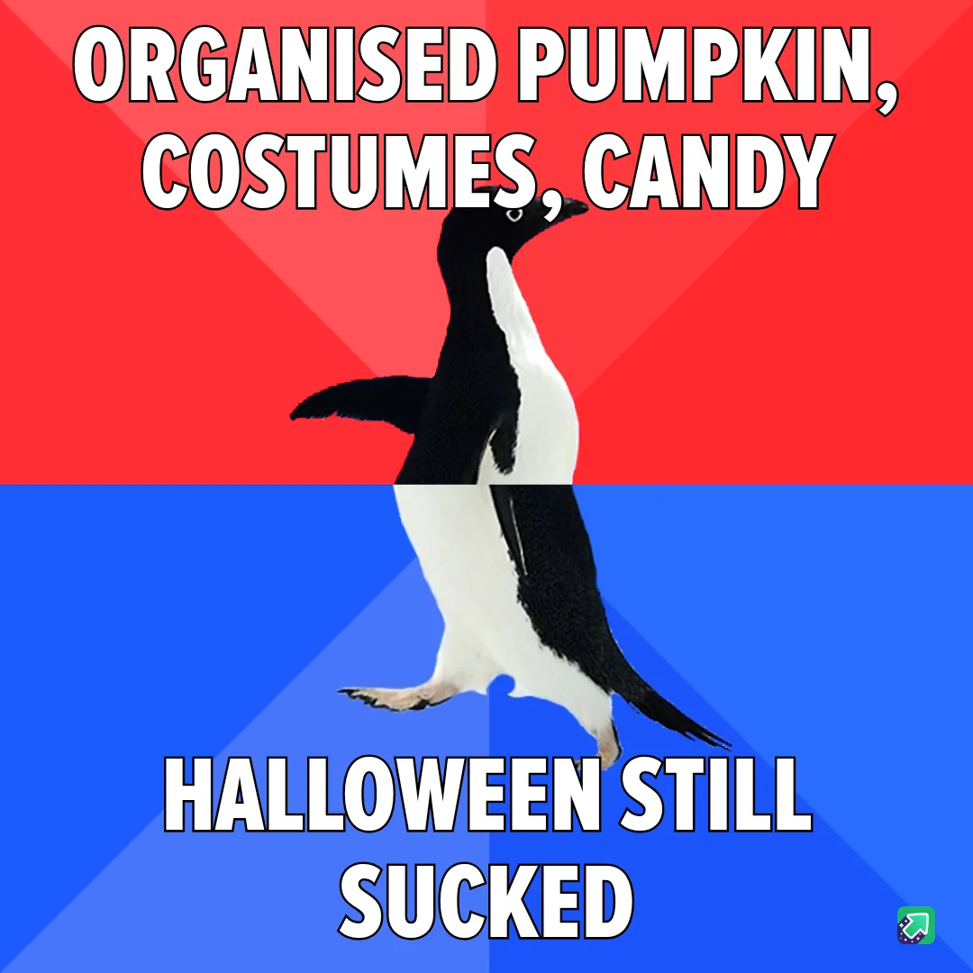 A penguin stands centered against a red and blue background, with white text above reading 'ORGANISED PUMPKIN, COSTUMES…