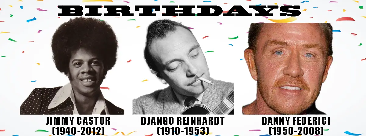 A celebratory image with confetti background and the word 'BIRTHDAYS' at the top, featuring three men: Jimmy Castor…