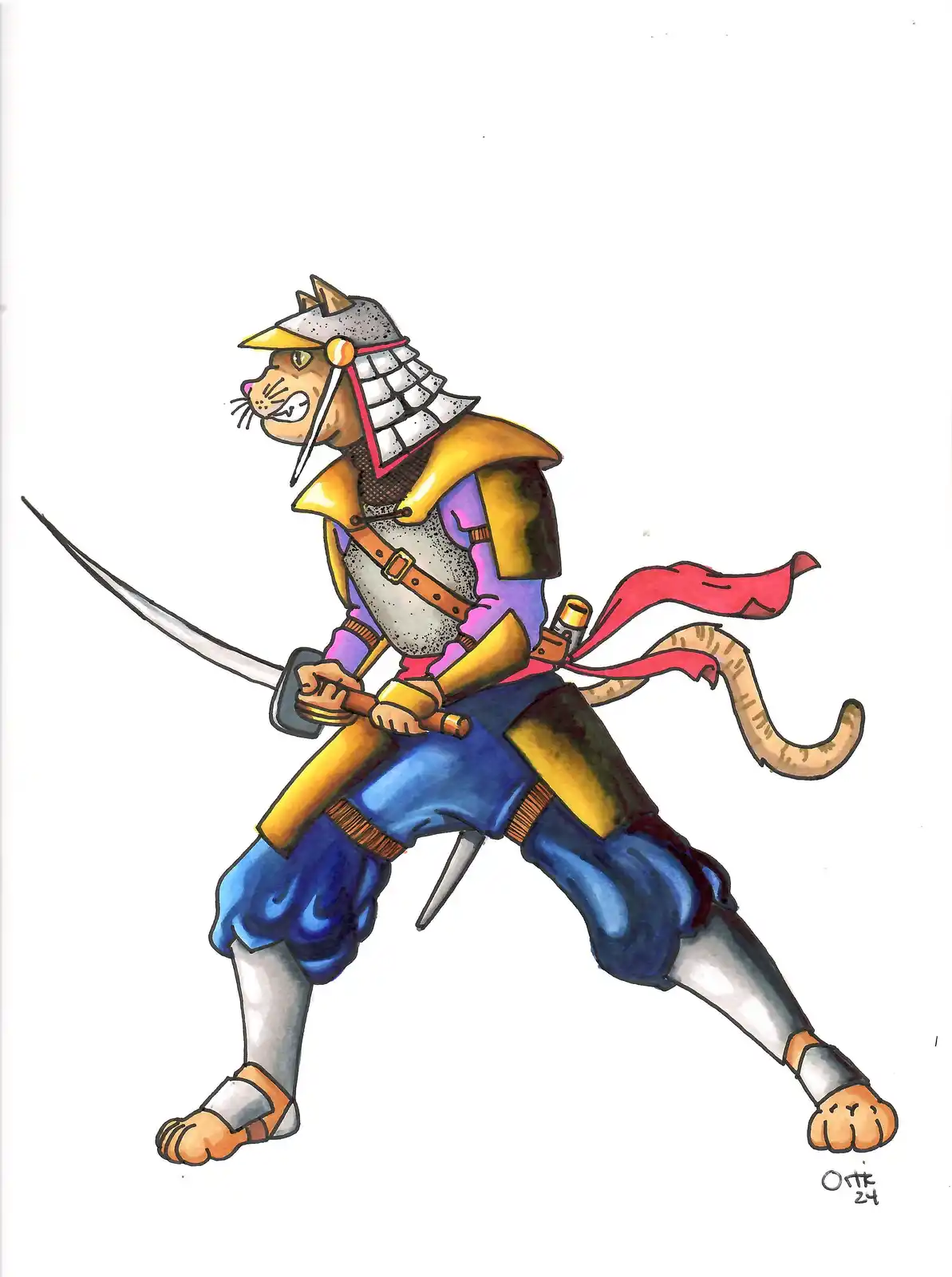 A cartoon cat is depicted in a dynamic, battle-ready pose, wearing traditional Japanese samurai armor with a helmet, holding…