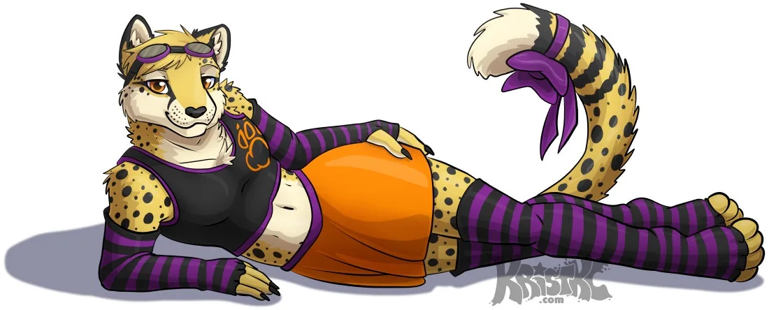 A cartoon cheetah woman with goggles, wearing a black top with a paw print, orange shorts, and purple-and-black striped…