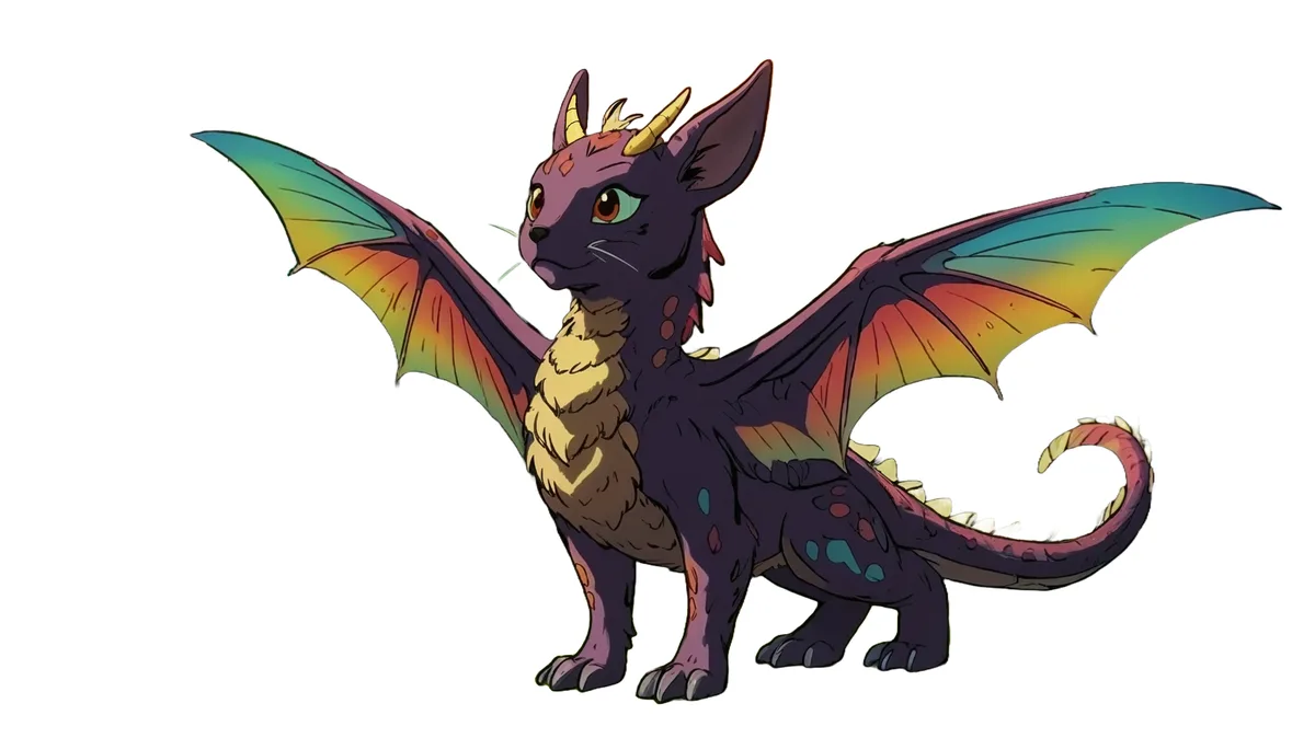 A cartoon-style purple dragon with cat-like features, including whiskers and a fluffy chest, stands with rainbow-colored…