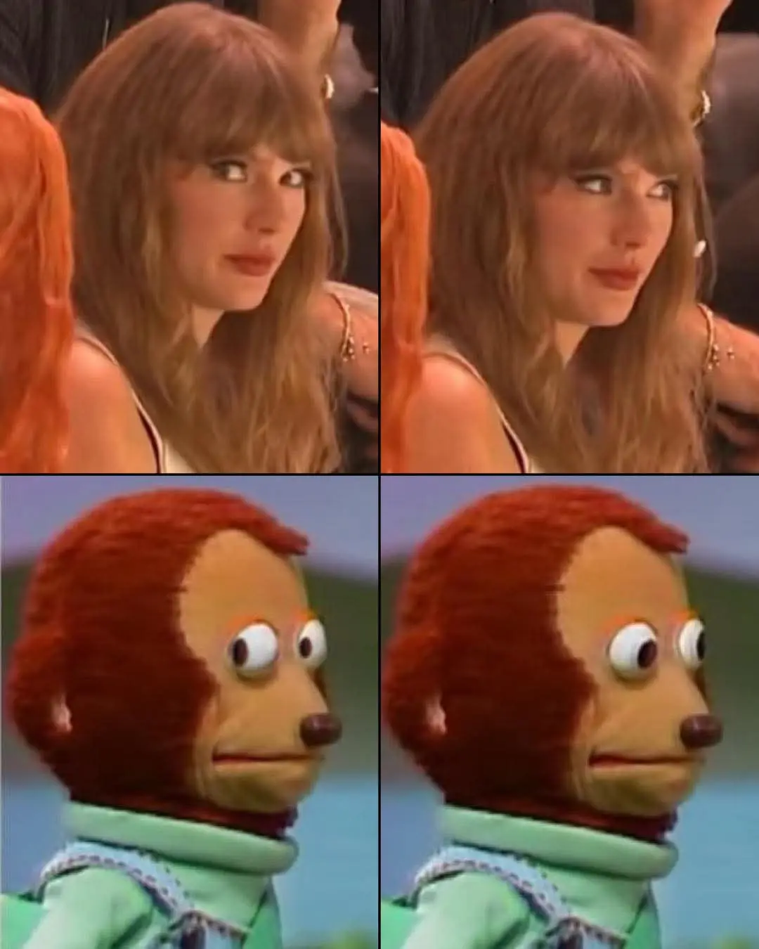 The image is a four-panel meme split into two rows. Top panels show Taylor Swift with a subtle, pensive expression, looking…