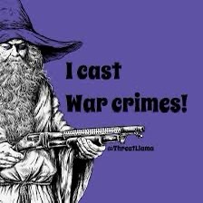 A black-and-white illustration of a bearded wizard in a pointed hat holding a rifle, set against a solid purple background…