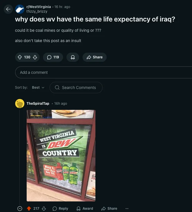 A screenshot of a Reddit post from r/WestVirginia shows a comment thread where a user asks why West Virginia has a life…