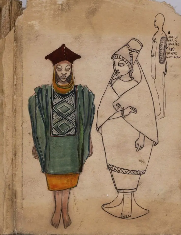 An aged, yellowed sketchbook page displays two stylized human figures in traditional attire; one is colored with a green…