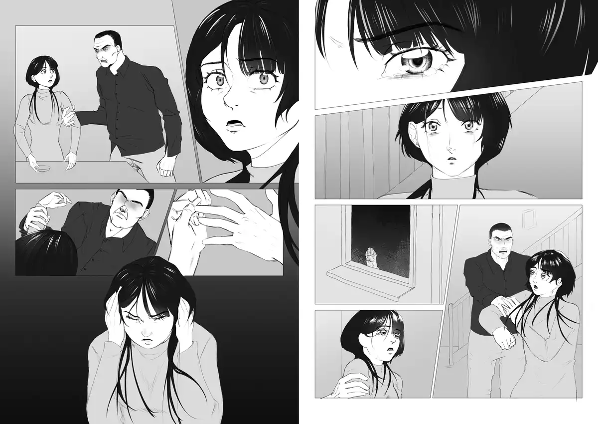 A black-and-white manga-style comic strip depicts a woman being aggressively confronted by a man at a table, followed by…