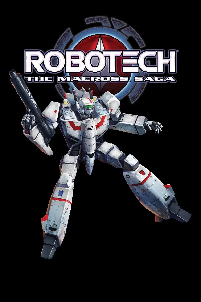 A silver and red humanoid robot with a green eye, holding a large black weapon labeled 'UN SANDY', stands against a black…