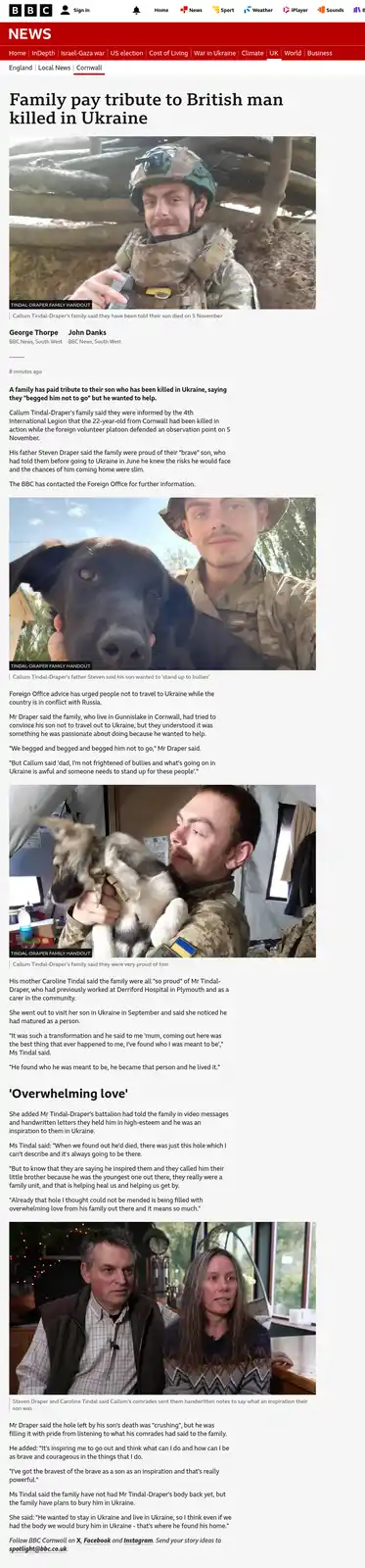 A BBC News article about Callum Tindal-Draper, a British man killed in Ukraine, features multiple photos of him in military…