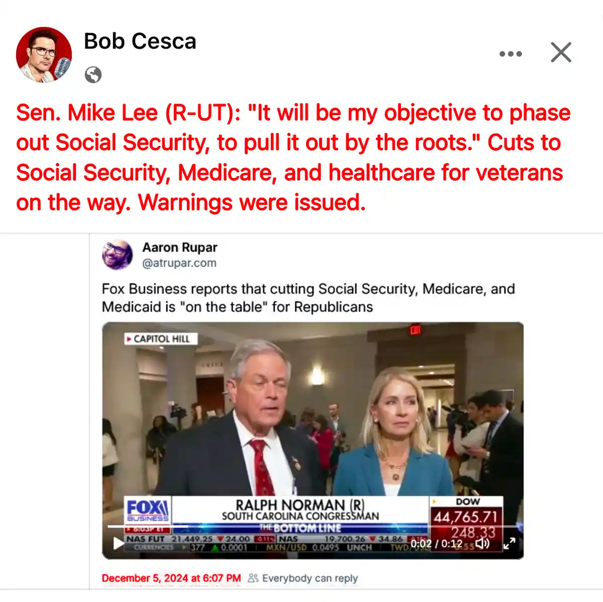 A screenshot of a social media post by Bob Cesca featuring a Fox Business news clip. The clip shows Ralph Norman, a South…