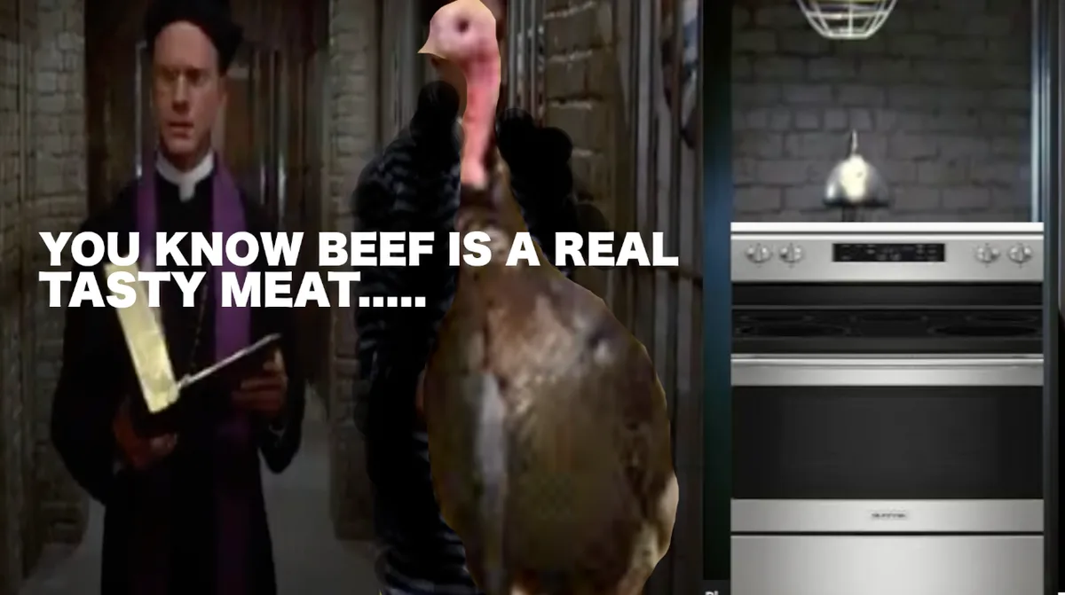 A split-screen image shows a man in a priest's outfit holding a book on the left, a turkey being held up in the center, and…