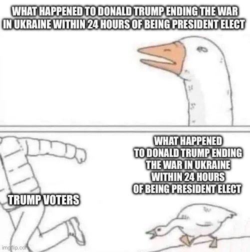 The top panel shows a cartoon goose with its beak open as if speaking. The bottom panel shows a person running away from a…