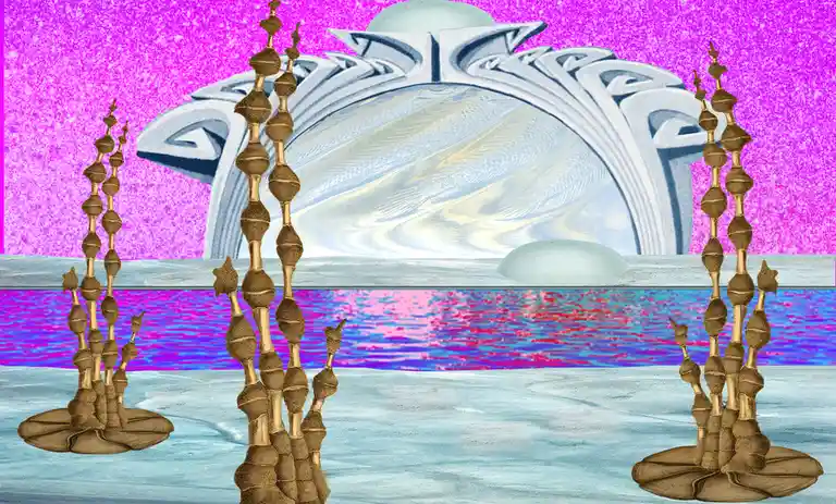 An image of a surreal, glitchy landscape with a large, ornate white archway in the background against a sparkling purple…
