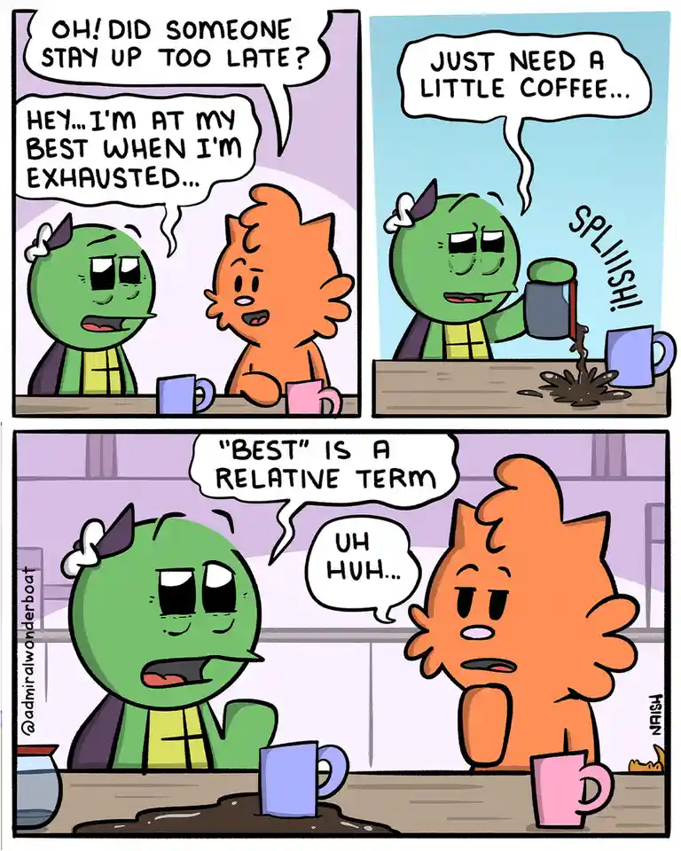 A three-panel comic shows two cartoon characters, a green one and an orange one, at a table. The green character asks if…
