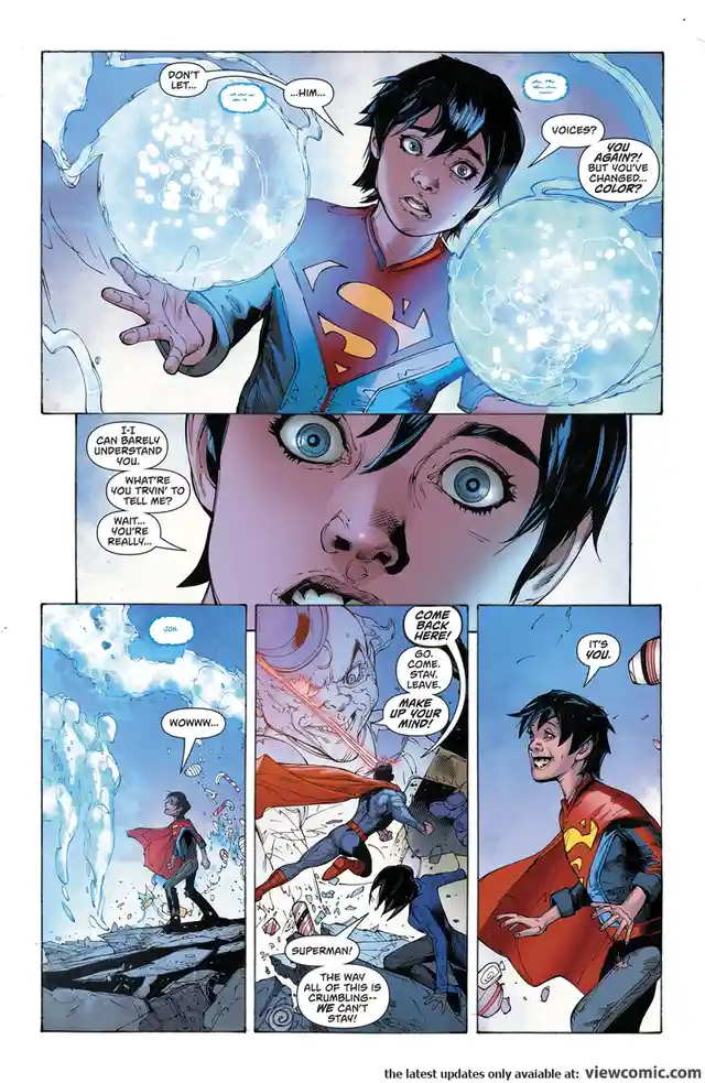 A comic panel sequence shows a young Superman (Jon Kent) reacting with shock and confusion to ghostly, translucent figures…