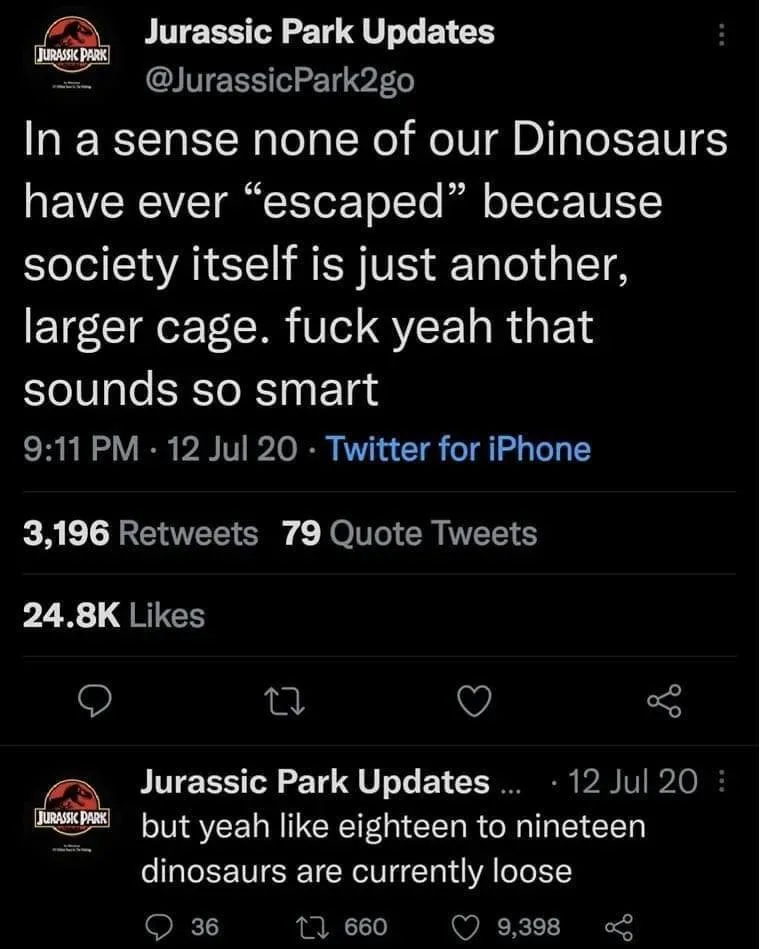 A screenshot of a Twitter post from the account 'Jurassic Park Updates' (@JurassicPark2go) dated July 12, 2020, which reads…