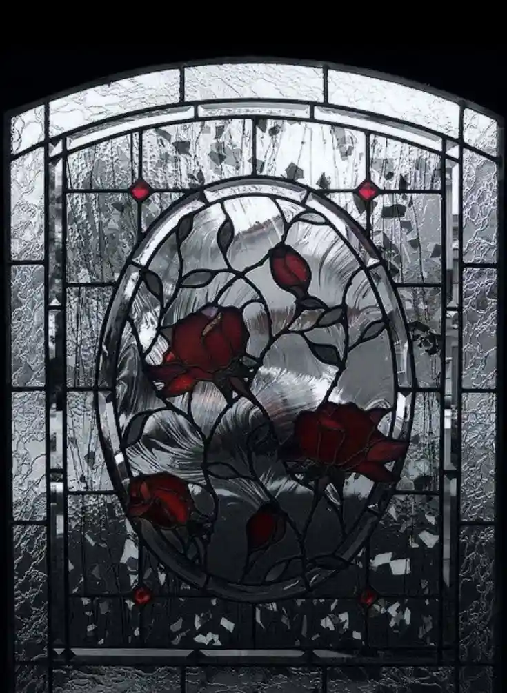 A stained glass window features an oval centerpiece with red rose motifs and black lead lines, set against textured…