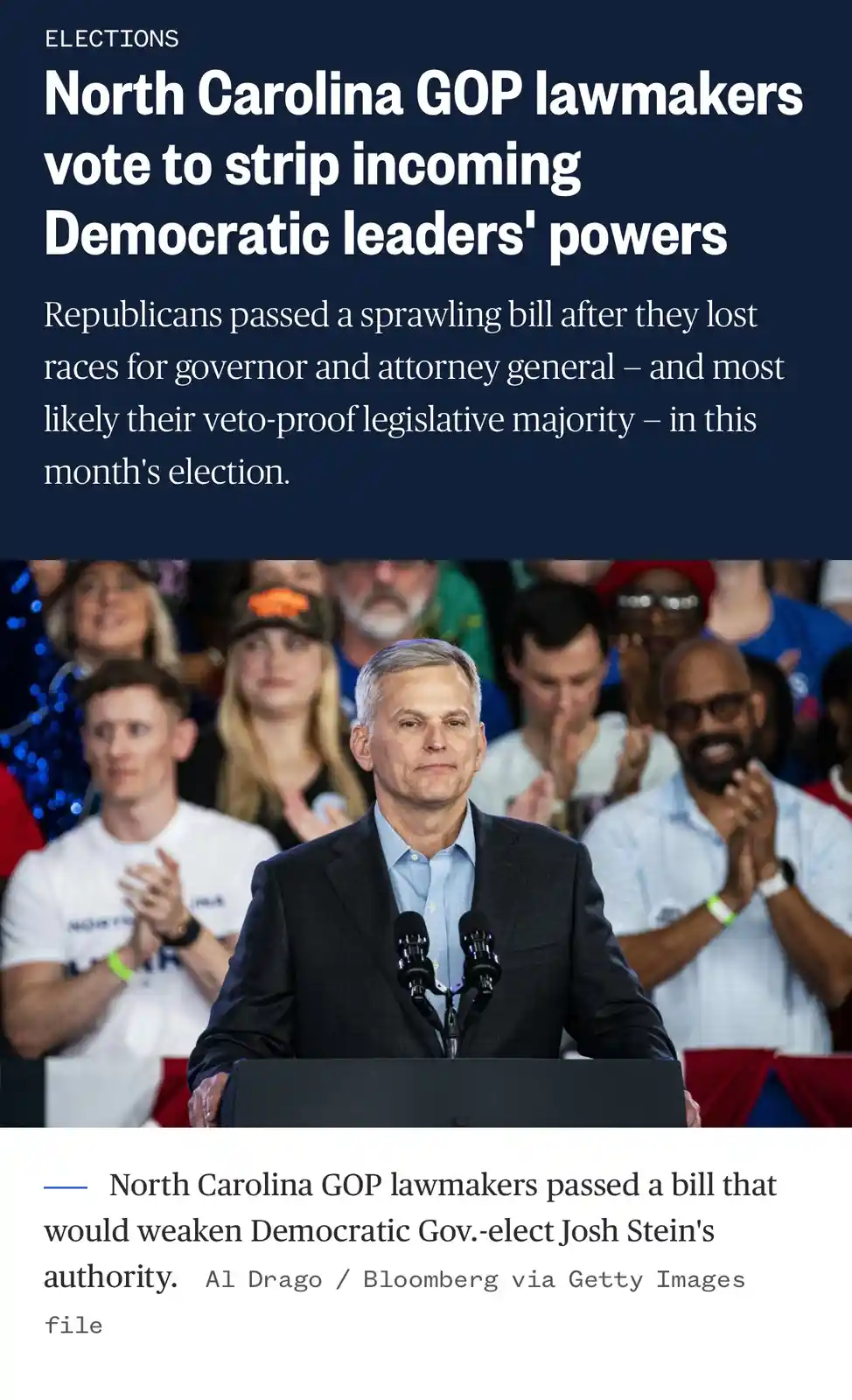 A news article headline reads 'North Carolina GOP lawmakers vote to strip incoming Democratic leaders' powers' above a photo…