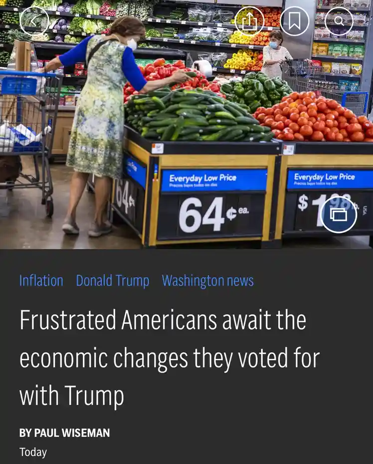 A photo shows two women shopping in a grocery store's produce section, with price tags visible for cucumbers at 64 cents…