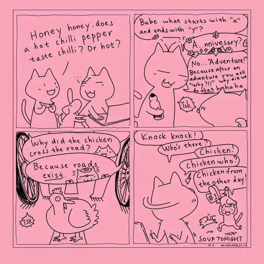 A four-panel comic strip featuring cartoon cats and a chicken telling punny jokes. In the first panel, a cat asks another…