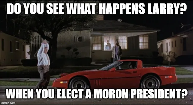 A nighttime scene from a movie shows a man in a white shirt and khakis walking away from a red sports car parked on a…