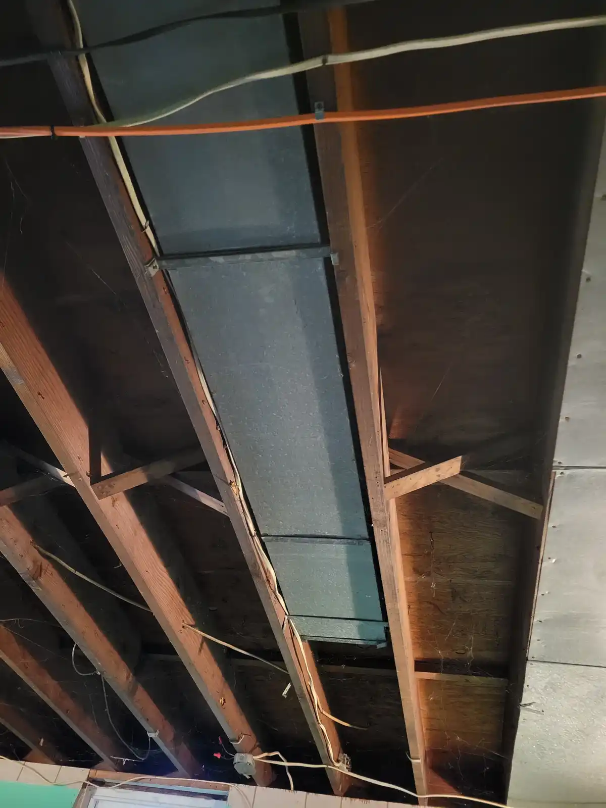A photo looking up at exposed ceiling joists, wires, and ductwork with visible cobwebs, overlaid with the text 'i'm not…