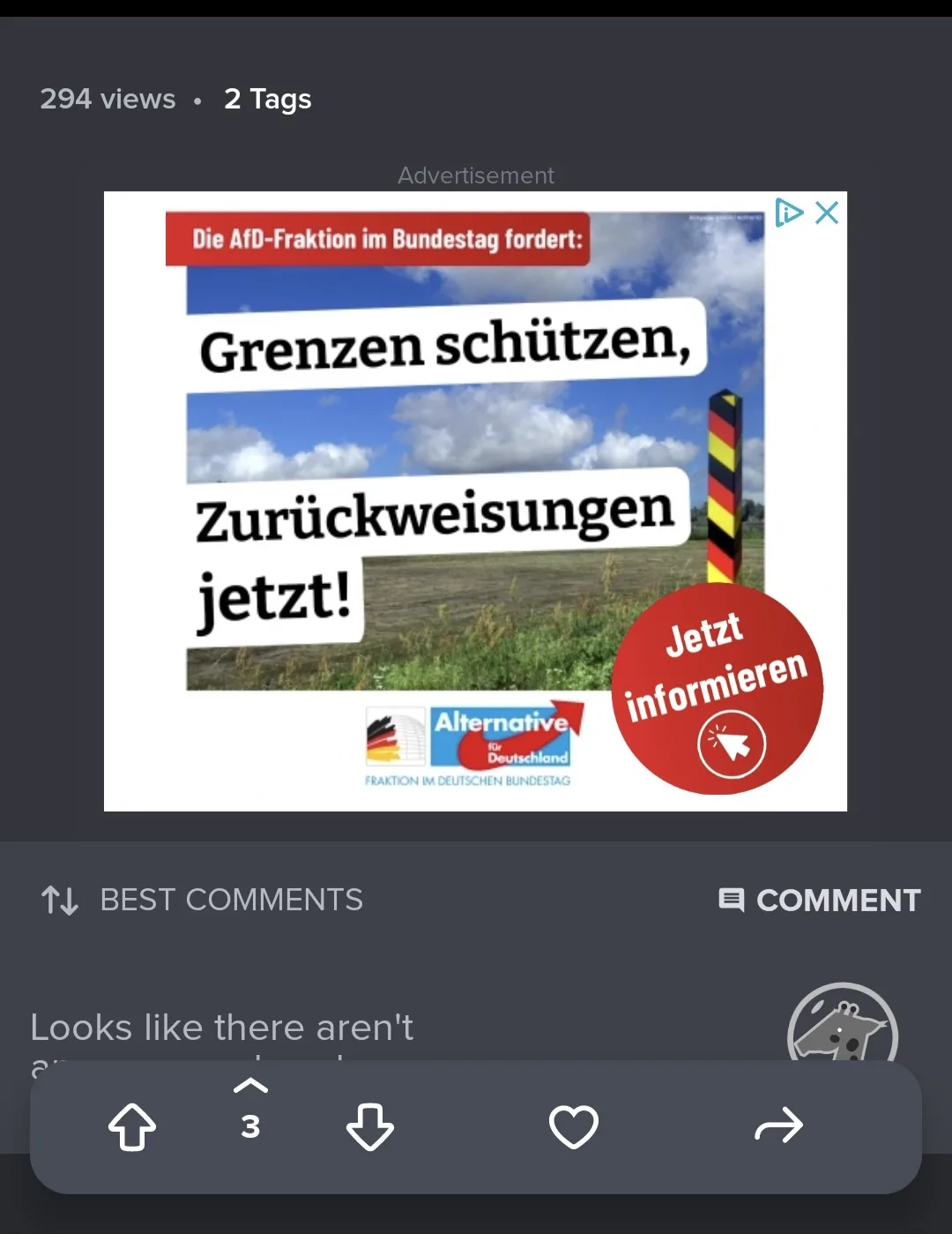An advertisement image for the German political party AfD (Alternative für Deutschland) shows a border marker against a…