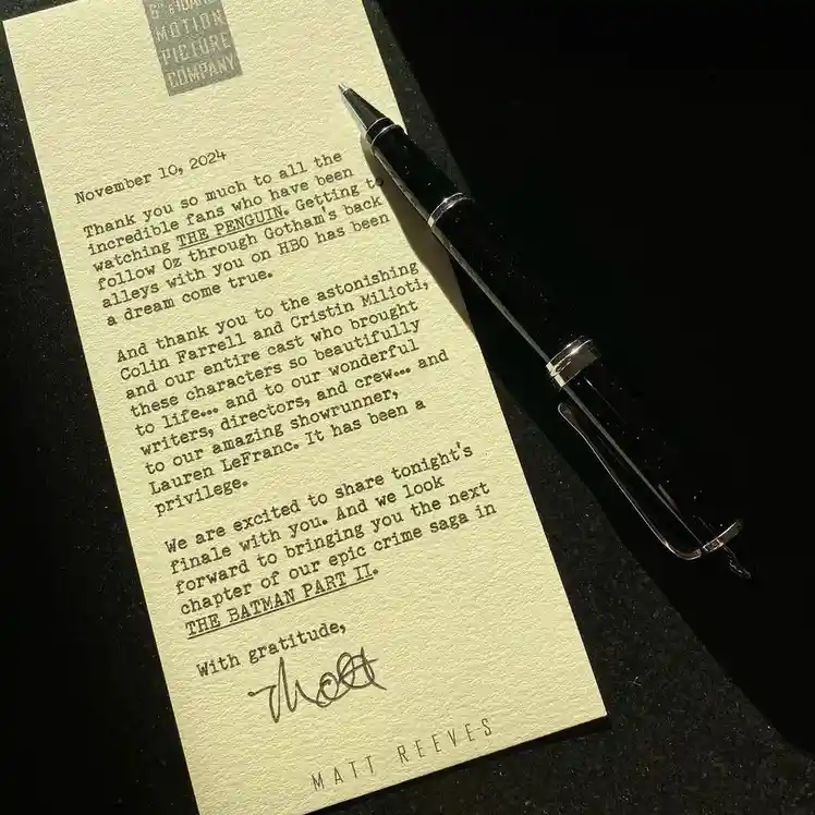 A typed letter on cream-colored paper from Warner Bros. Pictures dated November 10, 2024, signed by Matt Reeves, thanks fans…