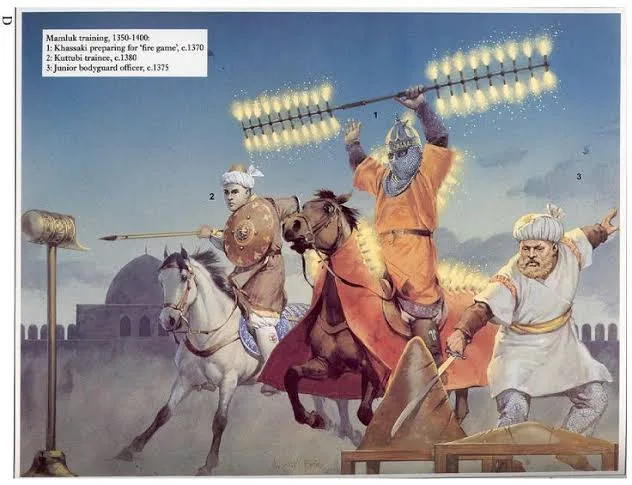 A historical illustration depicts three Mamluk soldiers in action during training circa 1350-1400. One rider on a horse…