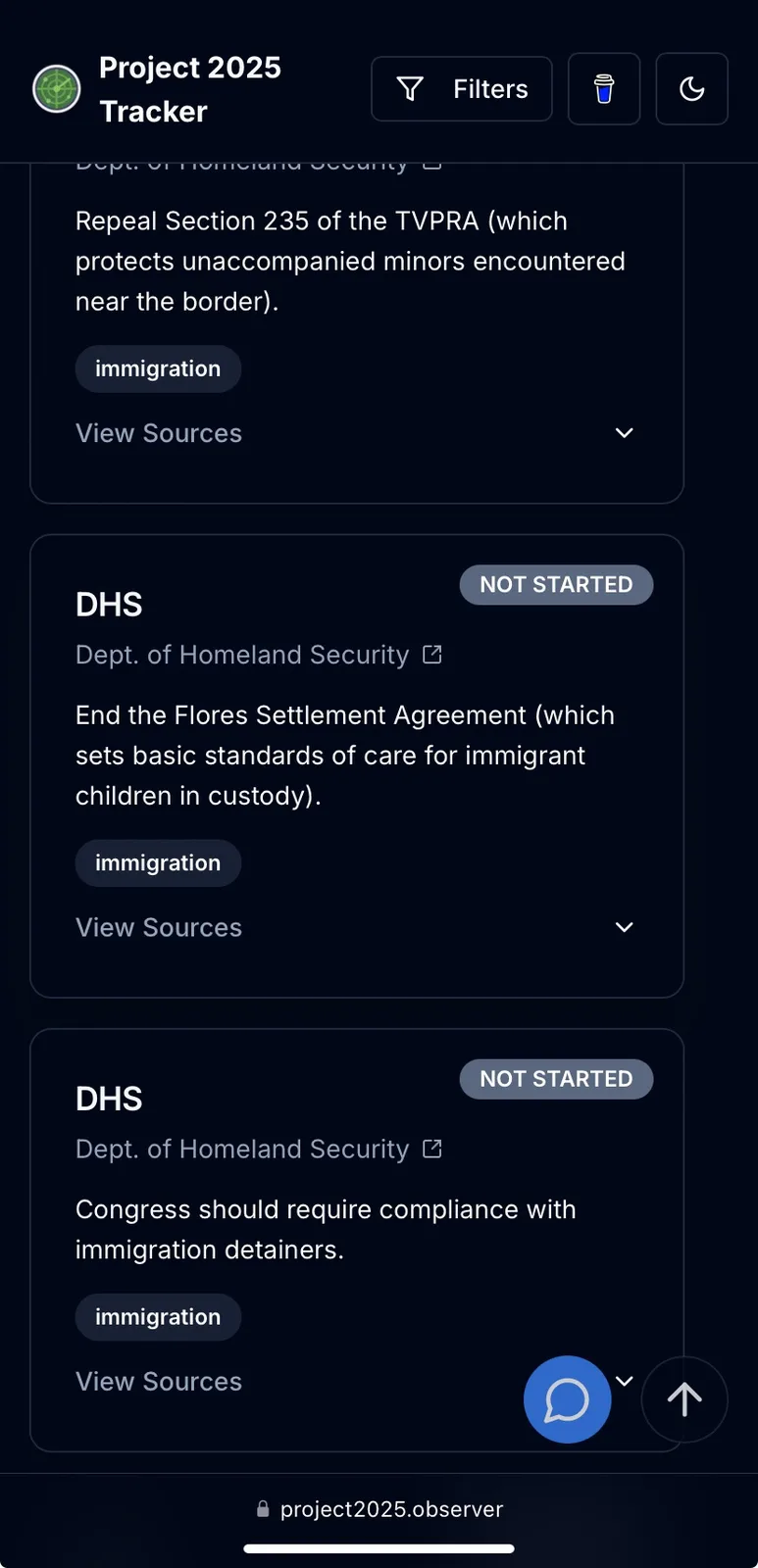 A screenshot of the 'Project 2025 Tracker' app interface, displaying three immigration-related policy tasks assigned to the…