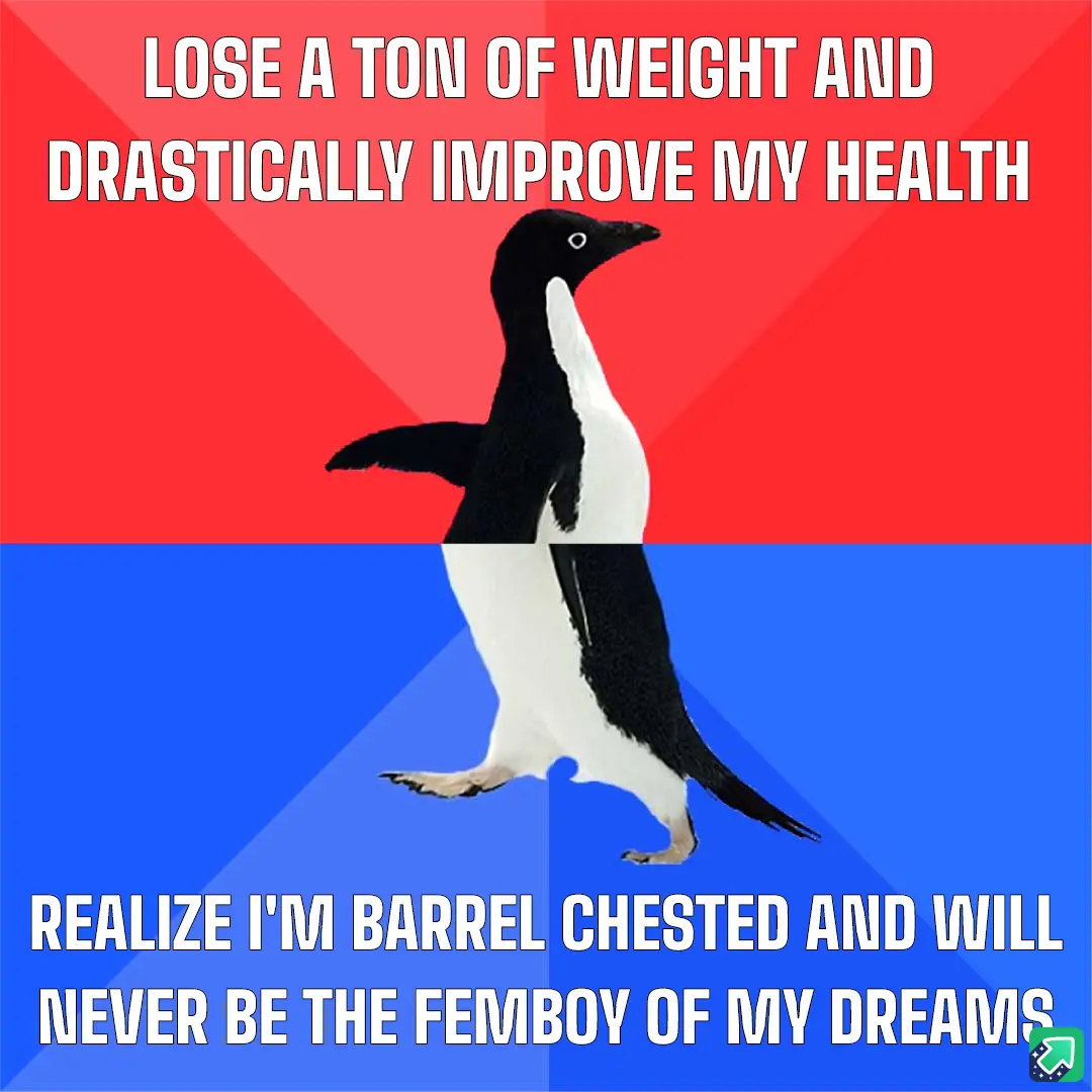 A penguin stands centered against a red and blue background, split horizontally. The top half has white text reading 'LOSE A…
